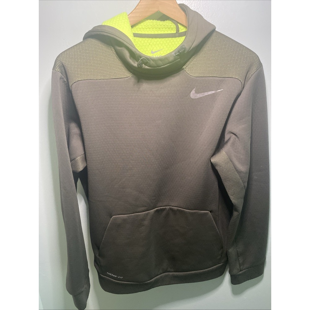 Nike Therma-FIT Mens Hoodie Olive Green Neon Lime Scuba Hood Sweatshirt Medium